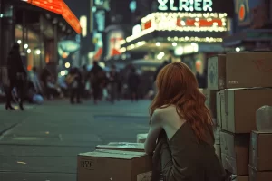 érzelmi elérhetetlenség egy lány a térdébe karolva ül az utcán, ahol senki sem veszi észre