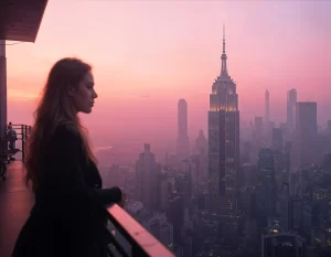szakítás feldolgozása során egy lány kint áll new york-ban az erkélyen és melankolikusan nézi az épületeket